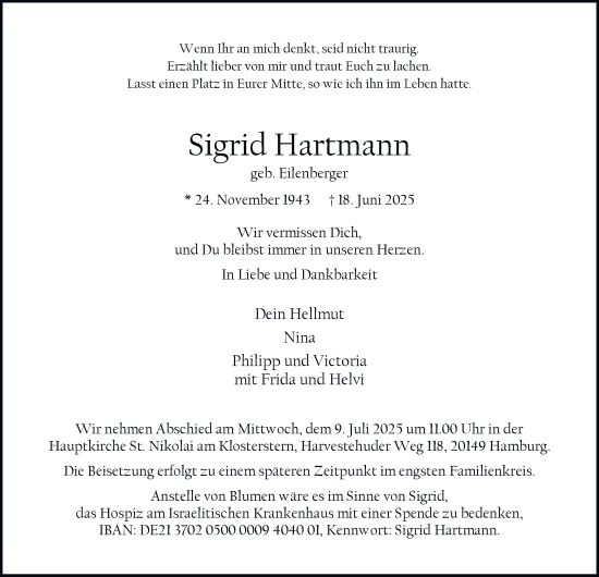 Traueranzeige von Sigrid Hartmann von Hamburger Abendblatt