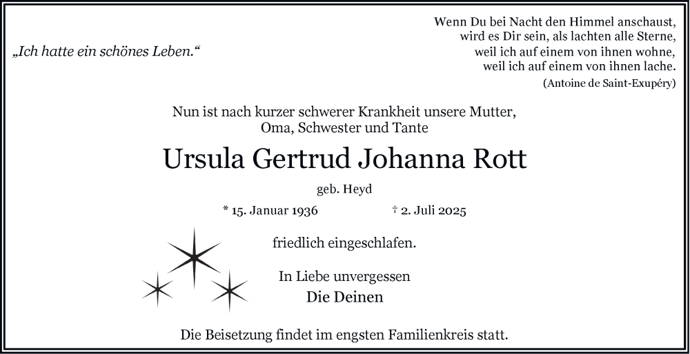  Traueranzeige für Ursula Gertrud Johanna Rott vom 12.07.2025 aus Hamburger Abendblatt