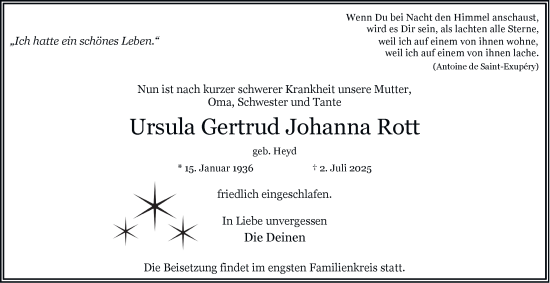 Traueranzeige von Ursula Gertrud Johanna Rott von Hamburger Abendblatt
