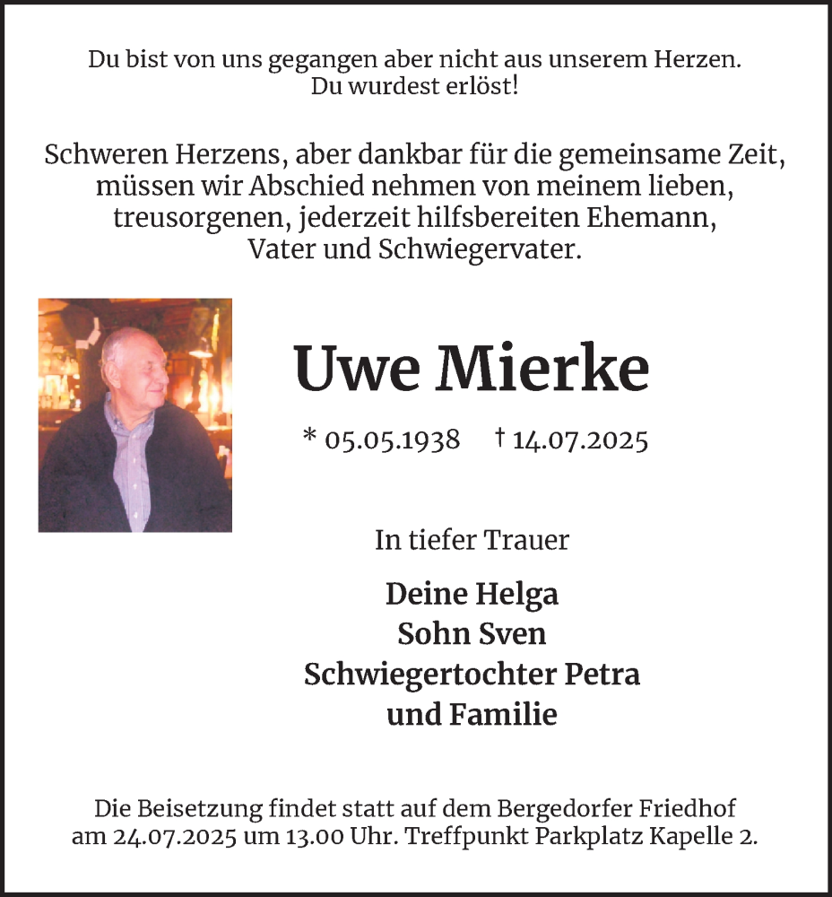  Traueranzeige für Uwe Mierke vom 19.07.2025 aus Bergedorfer Zeitung