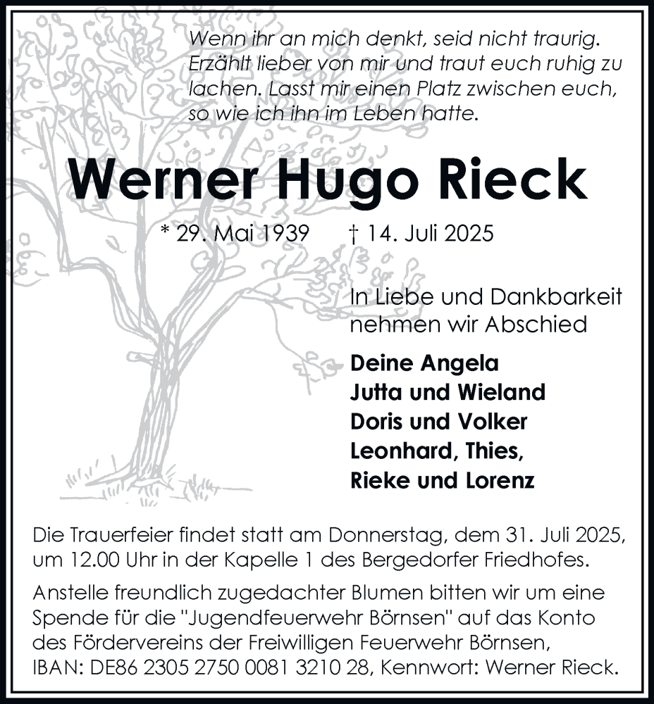  Traueranzeige für Werner Hugo Rieck vom 26.07.2025 aus Bergedorfer Zeitung