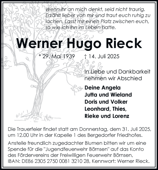 Traueranzeige von Werner Hugo Rieck von Bergedorfer Zeitung
