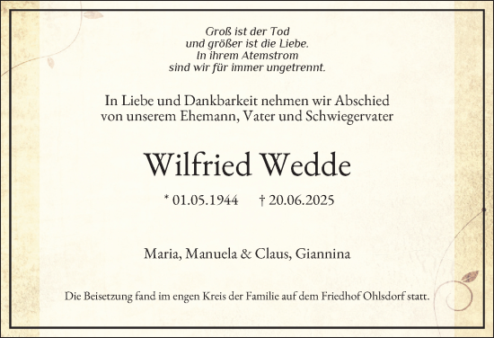 Traueranzeige von Wilfried Wedde von Hamburger Abendblatt