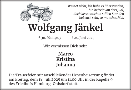 Traueranzeige von Wolfgang Jänkel 