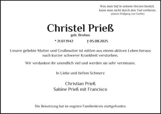 Traueranzeige von Christel Prieß 