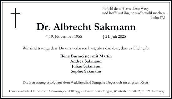 Traueranzeige von Albrecht Sakmann von Hamburger Abendblatt