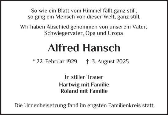 Traueranzeige von Alfred Hansch von Bergedorfer Zeitung