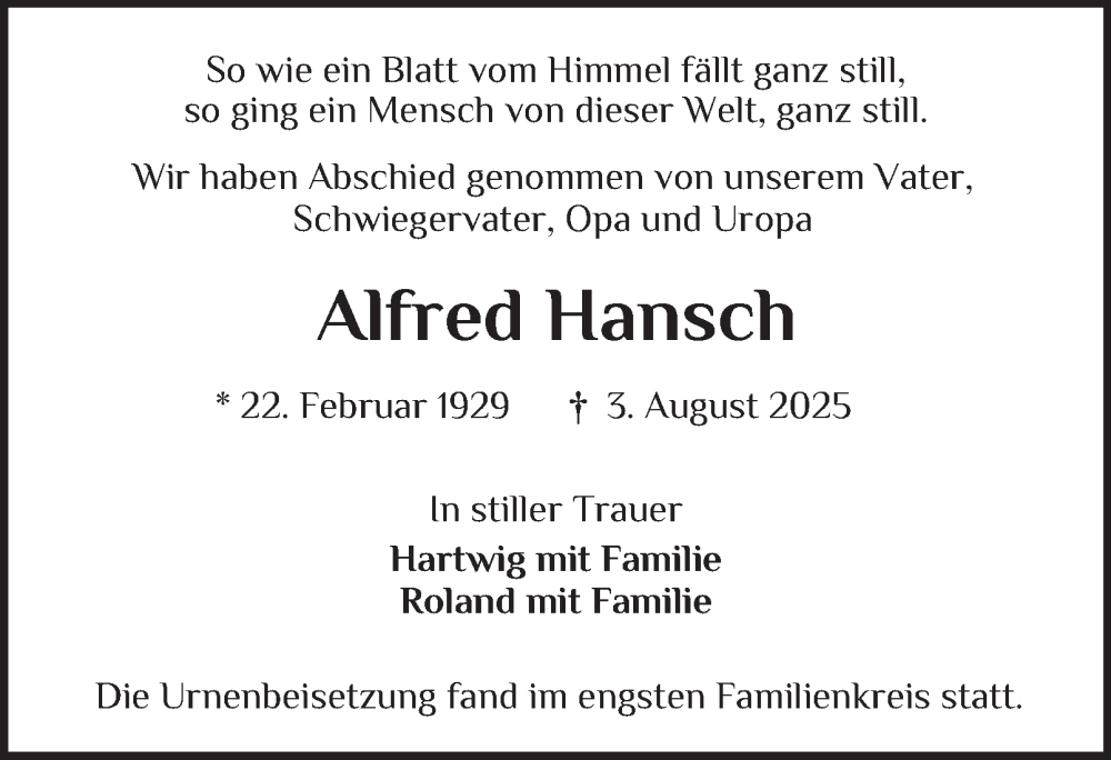  Traueranzeige für Alfred Hansch vom 23.08.2025 aus Bergedorfer Zeitung