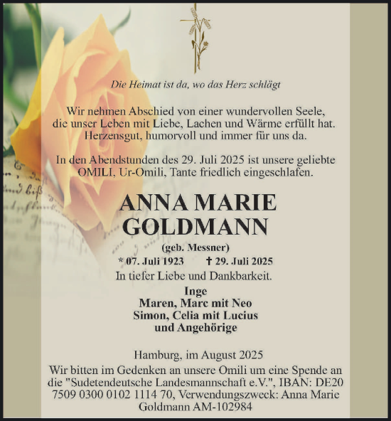 Traueranzeige von Anna Marie Goldmann von Hamburger Abendblatt
