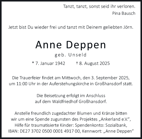 Traueranzeige von Anne Deppen von Hamburger Abendblatt