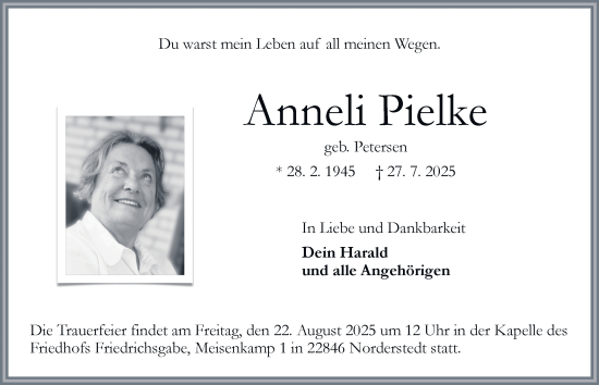Traueranzeige von Anneli Pielke von Hamburger Abendblatt