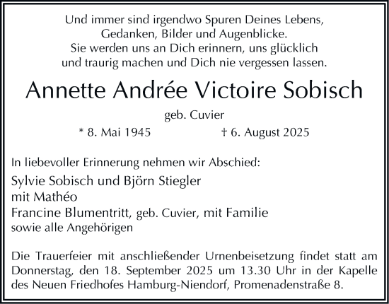 Traueranzeige von Annette Andrée Victoire Sobisch 