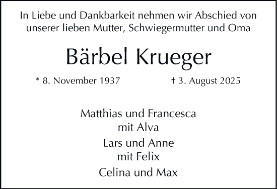 Traueranzeige von Bärbel Krueger 
