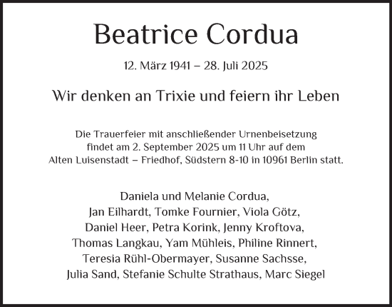 Traueranzeige von Beatrice Cordua von Hamburger Abendblatt