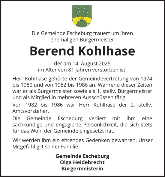 Traueranzeige von Berend Kohlhase von Bergedorfer Zeitung