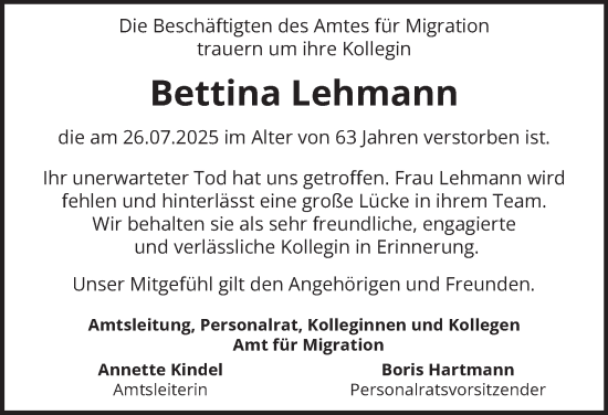 Traueranzeige von Bettina Lehmann von Hamburger Abendblatt