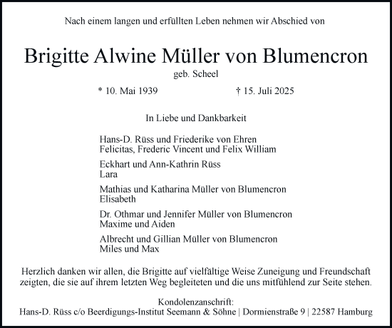 Traueranzeige von Brigitte Alwine  Müller von Blumencron von Hamburger Abendblatt