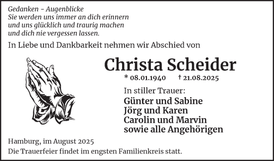 Traueranzeige von Christa Scheider 