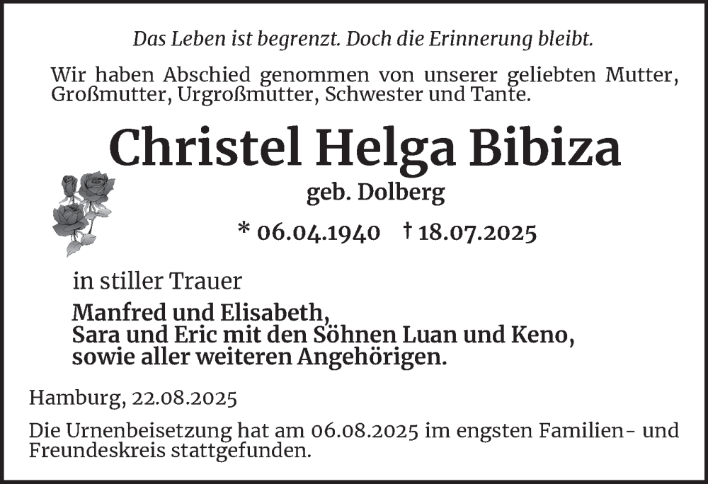  Traueranzeige für Christel Helga Bibiza vom 30.08.2025 aus 