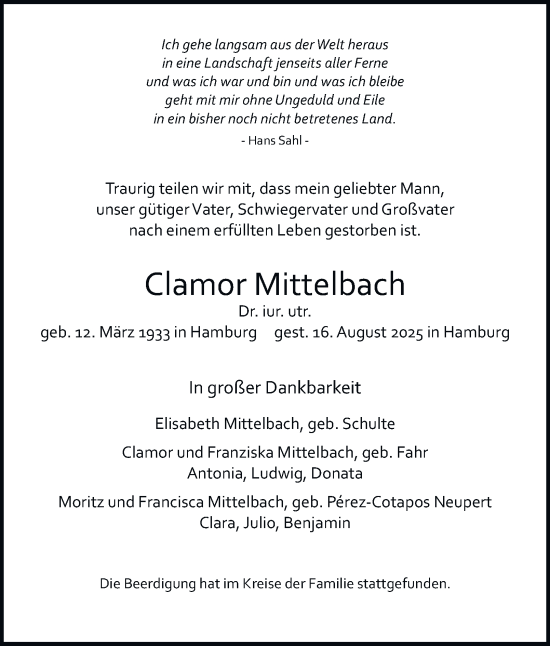 Traueranzeige von Clamor Mittelbach von Hamburger Abendblatt
