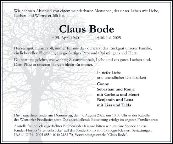 Traueranzeige von Claus Bode von Bergedorfer Zeitung