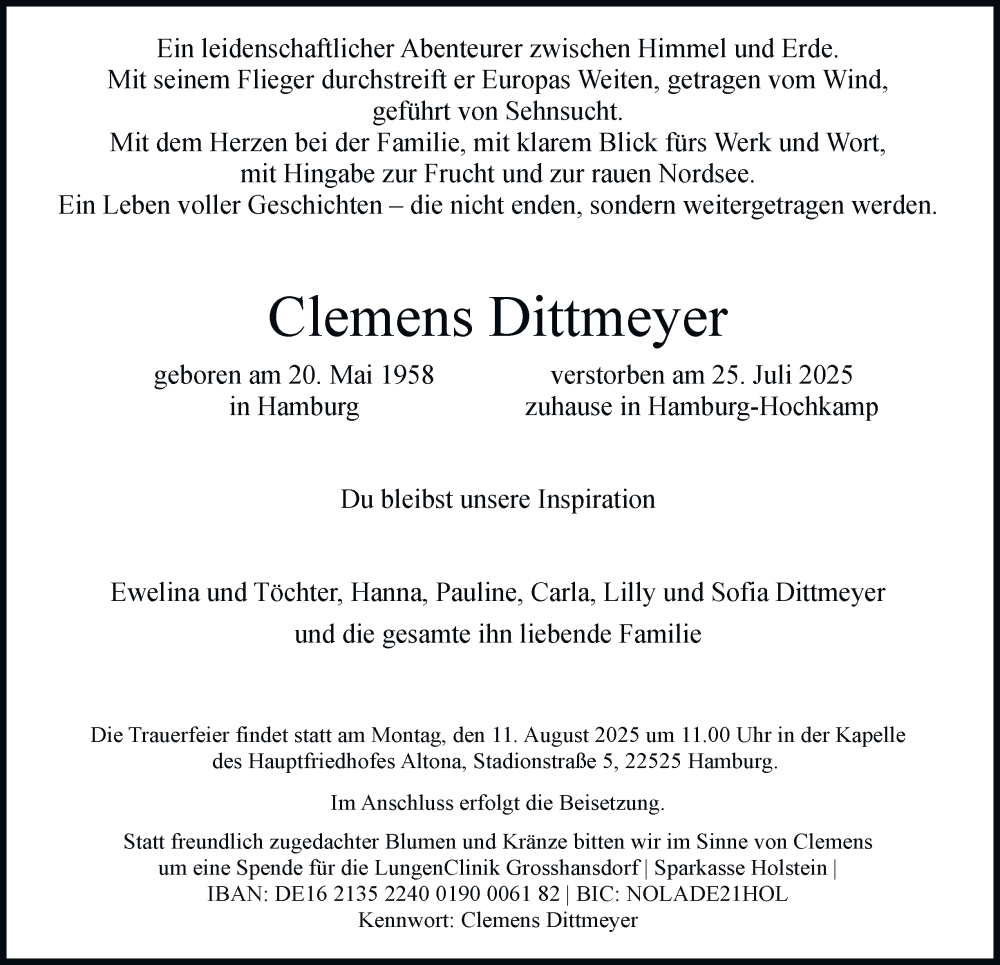  Traueranzeige für Clemens Dittmeyer vom 02.08.2025 aus Hamburger Abendblatt