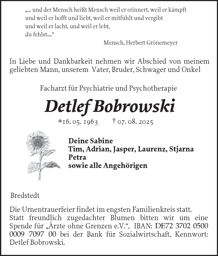  Traueranzeige für Detlef Bobrowski vom 30.08.2025 aus Hamburger Abendblatt
