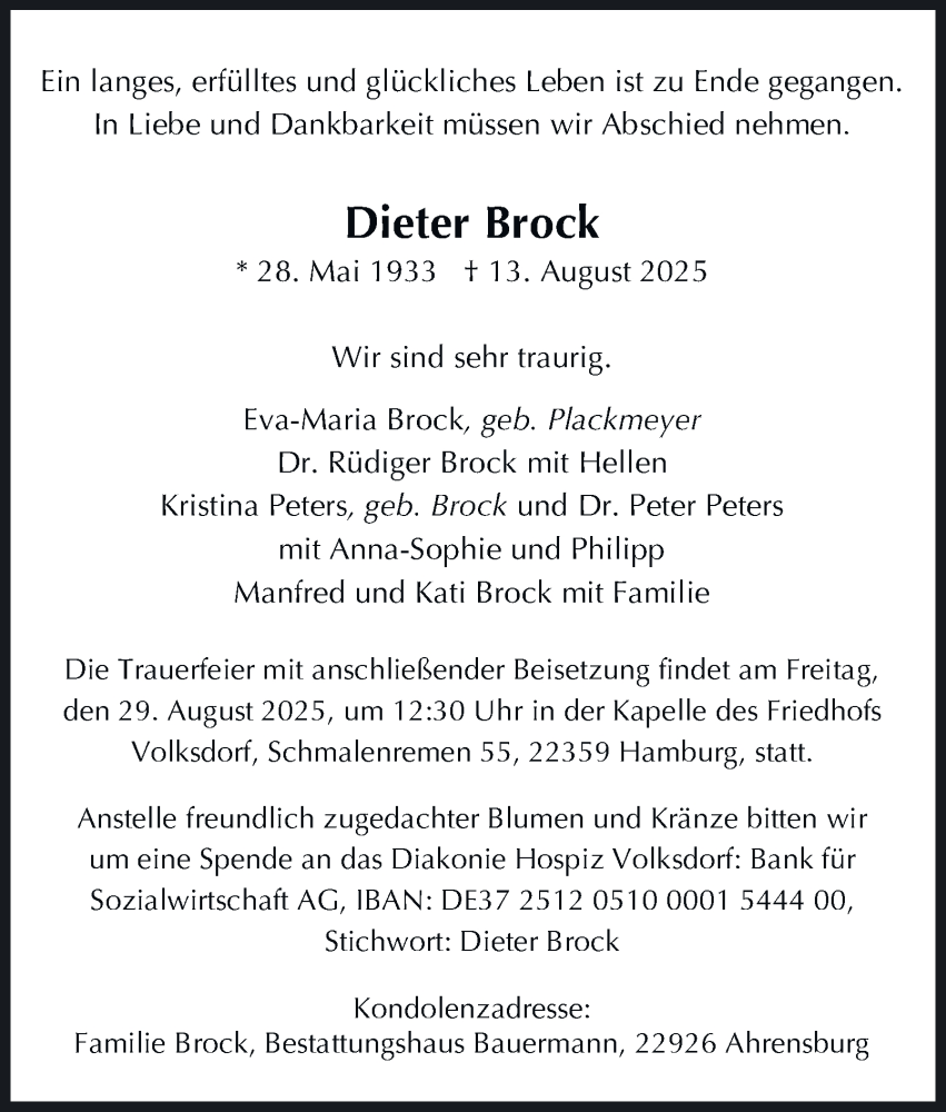  Traueranzeige für Dieter Brock vom 23.08.2025 aus Hamburger Abendblatt
