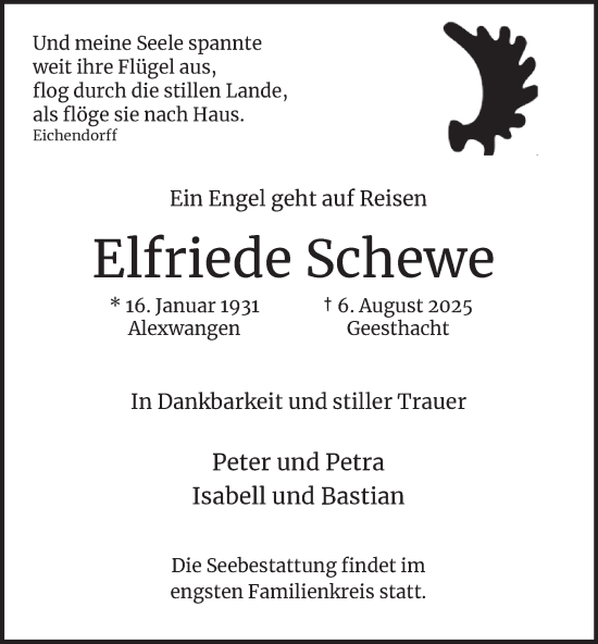 Traueranzeige von Elfriede Schewe 
