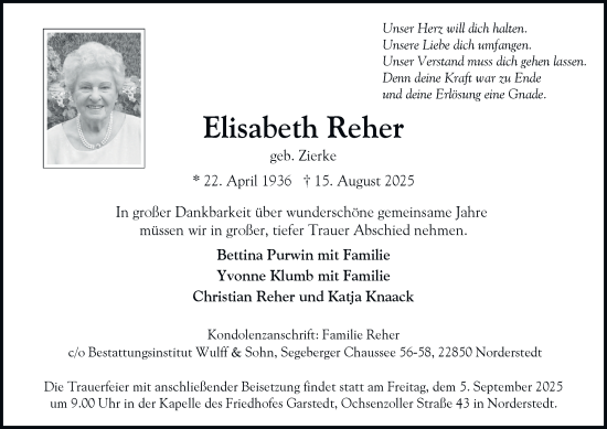 Traueranzeige von Elisabeth Reher von Hamburger Abendblatt