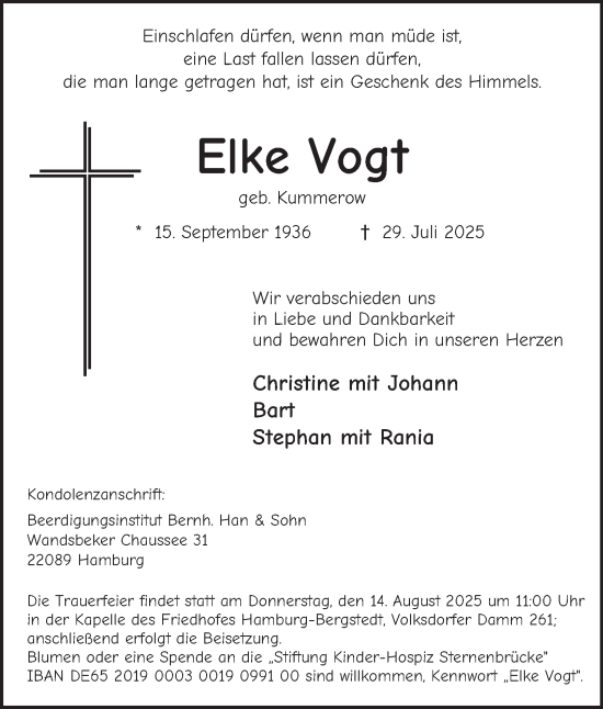 Traueranzeige von Elke Vogt von Hamburger Abendblatt