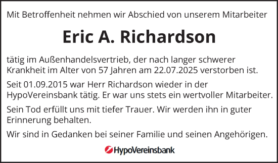Traueranzeige von Eric A. Richardson von Hamburger Abendblatt