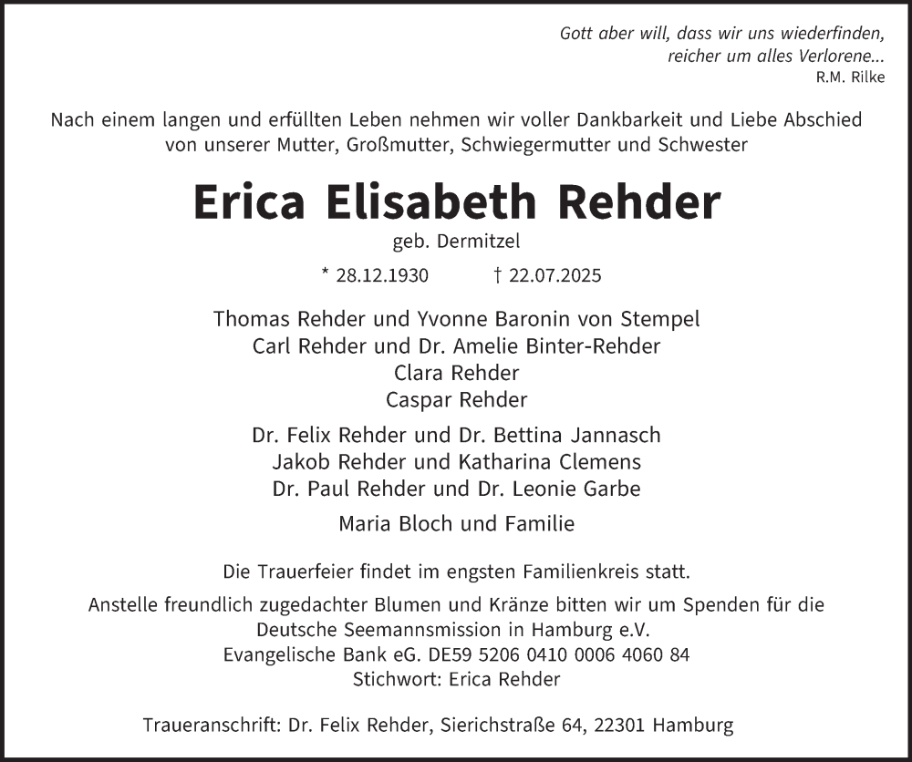  Traueranzeige für Erica Elisabeth Rehder vom 09.08.2025 aus Hamburger Abendblatt