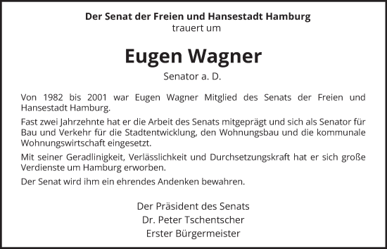 Traueranzeige von Eugen Wagner von Hamburger Abendblatt