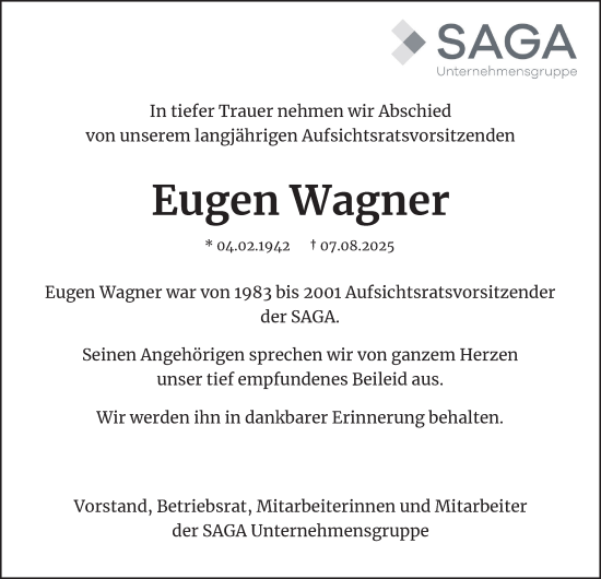 Traueranzeige von Eugen Wagner von Hamburger Abendblatt
