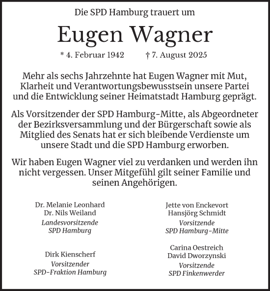 Traueranzeige von Eugen Wagner von Hamburger Abendblatt