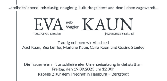 Traueranzeige von Eva Kaun von Hamburger Abendblatt