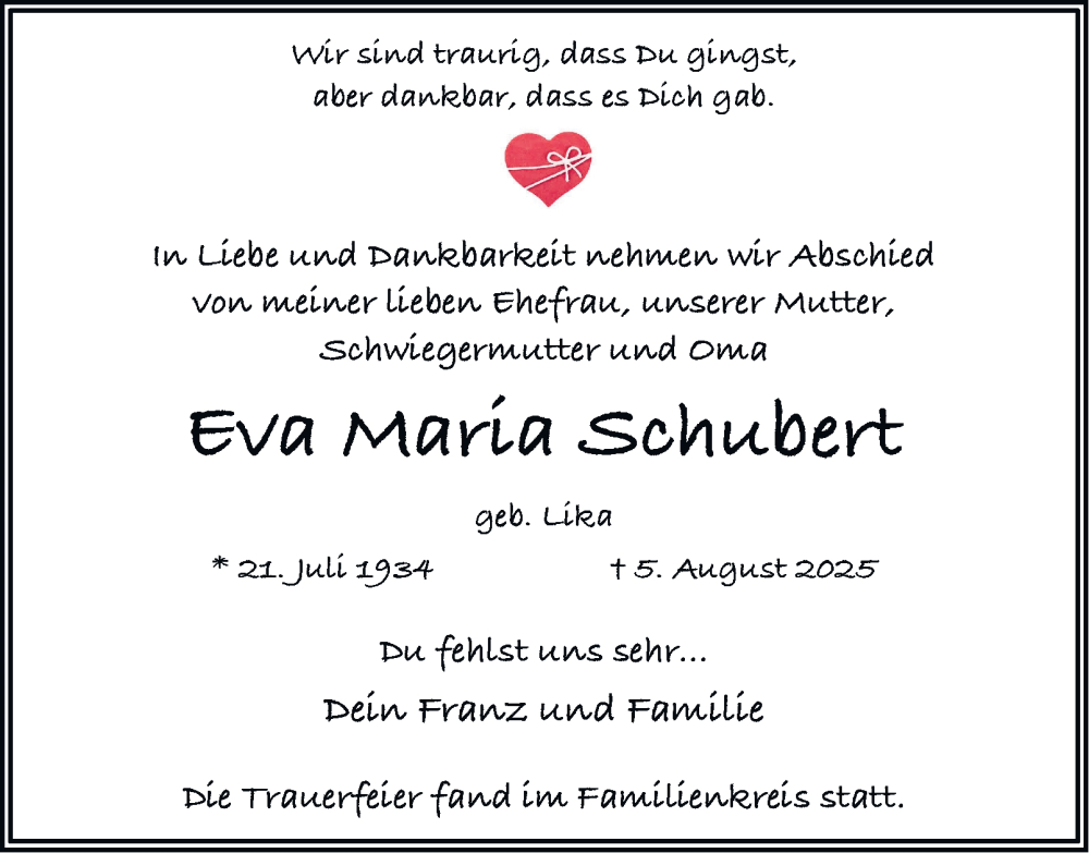  Traueranzeige für Eva Maria Schubert vom 23.08.2025 aus 