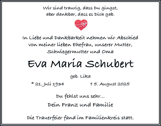 Traueranzeige von Eva Maria Schubert 