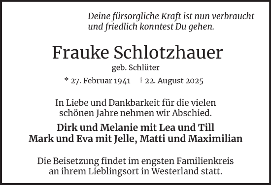 Traueranzeige von Frauke Schlotzhauer von Hamburger Abendblatt
