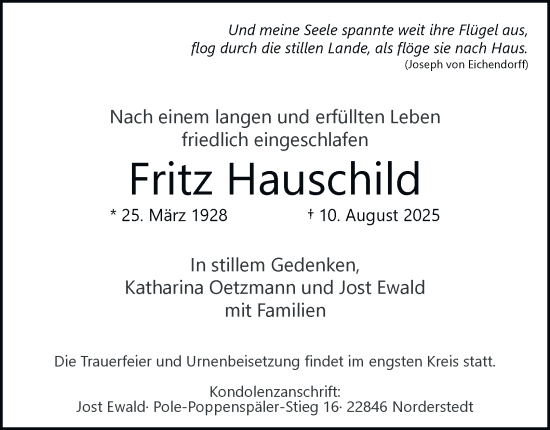 Traueranzeige von Fritz Hauschild von Hamburger Abendblatt