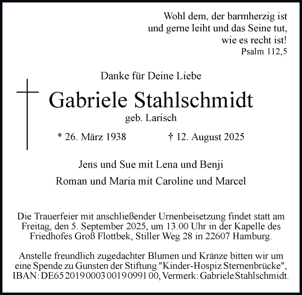  Traueranzeige für Gabriele Stahlschmidt vom 23.08.2025 aus Hamburger Abendblatt