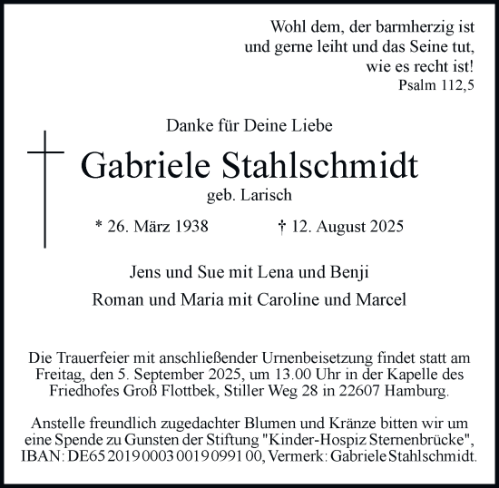 Traueranzeige von Gabriele Stahlschmidt von Hamburger Abendblatt