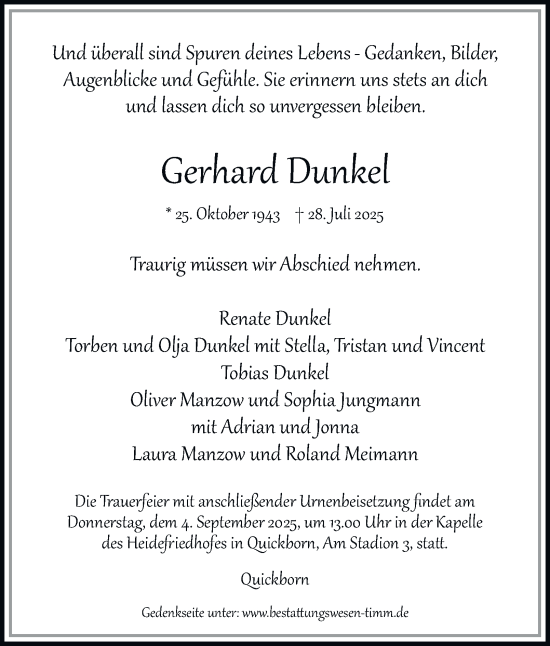Traueranzeige von Gerhard Dunkel von Hamburger Abendblatt