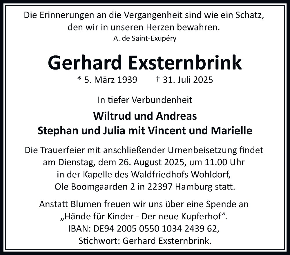  Traueranzeige für Gerhard Exsternbrink vom 23.08.2025 aus Hamburger Abendblatt