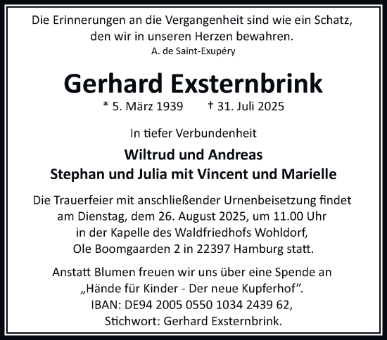 Traueranzeige von Gerhard Exsternbrink von Hamburger Abendblatt