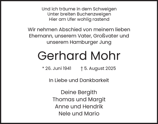 Traueranzeige von Gerhard Mohr von Bergedorfer Zeitung