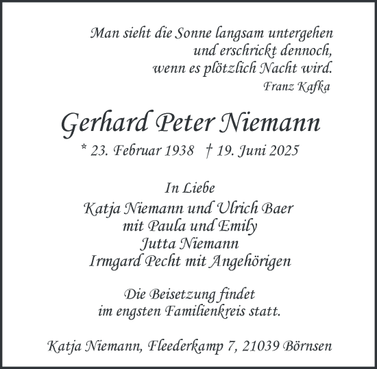 Traueranzeige von Gerhard Peter Niemann von Bergedorfer Zeitung