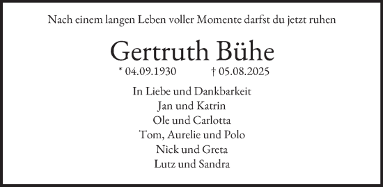 Traueranzeige von Gertrud Bühe von Hamburger Abendblatt