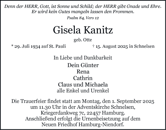 Traueranzeige von Gisela Kanitz von Hamburger Abendblatt